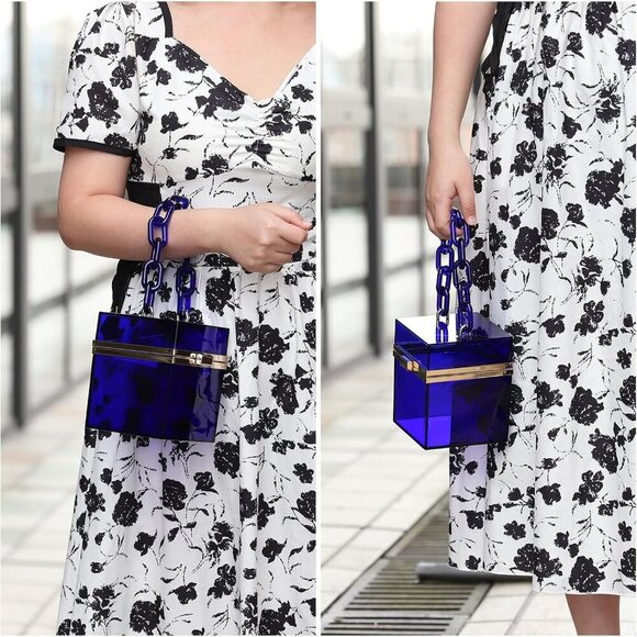 🆕Women Blue Gold Acrylic Clear Clutch Square Evening Box Handbag Wedding Party - Picture 5 of 6